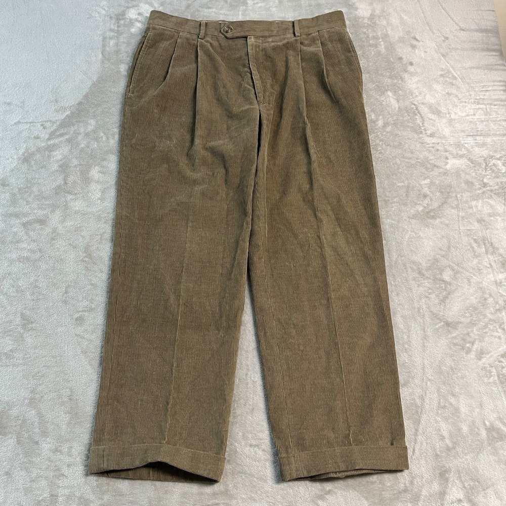 Jos A Bank Mens Brown Corduroy Pleated Cuffed Cotton Trousers Pants 36x28 Reg
